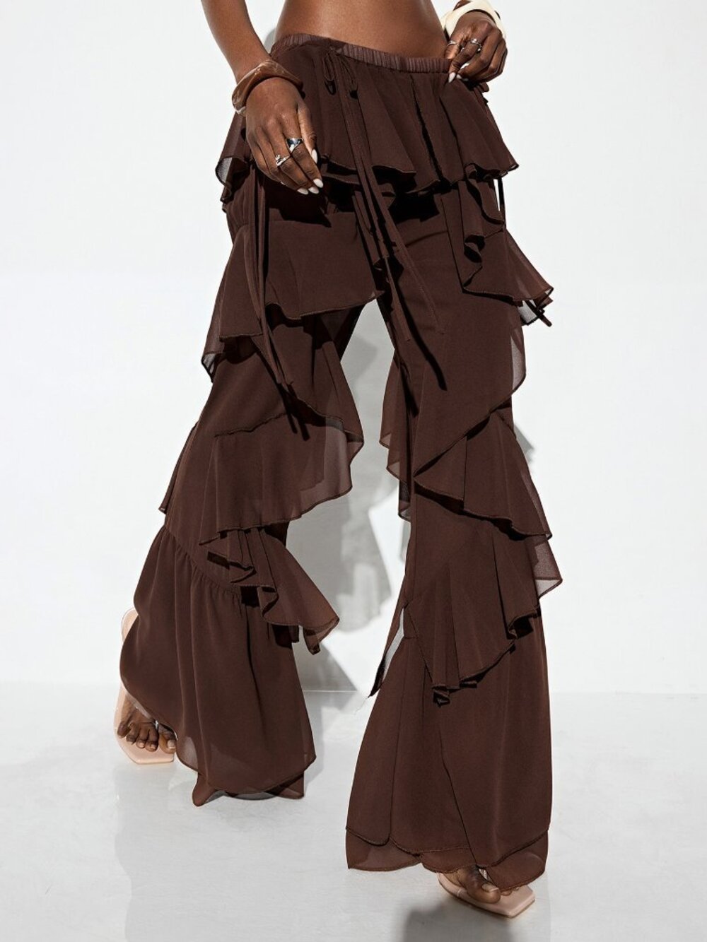 Coffee Brown Casual Women's Chiffon Low-Waisted Pants - Picture 8 of 8